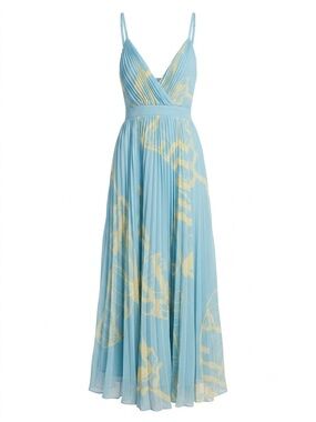 ISABEL GARCIA Sky Blue & Yellow Pleated Maxi Dress Size 44/S NWT